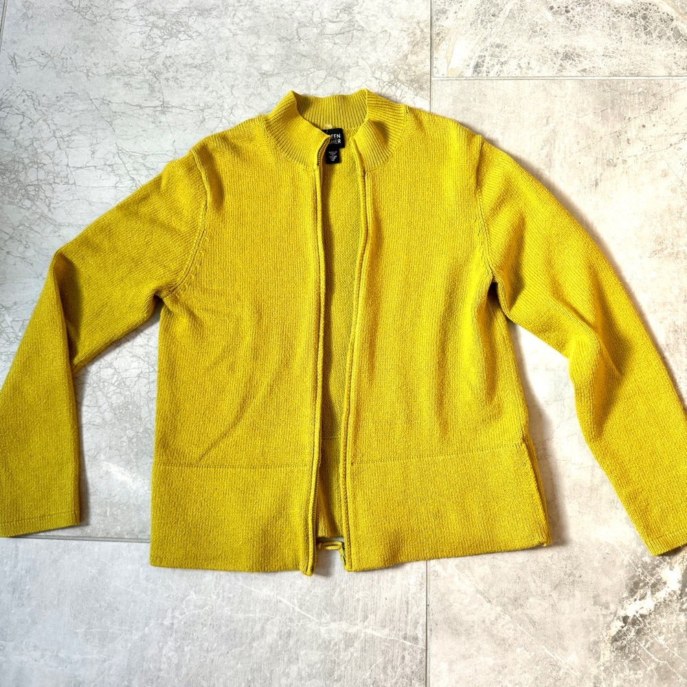 EILEEN FISHER zip front cardigan sweater citrine yellow knit cardi zipper M - Picture 6 of 10